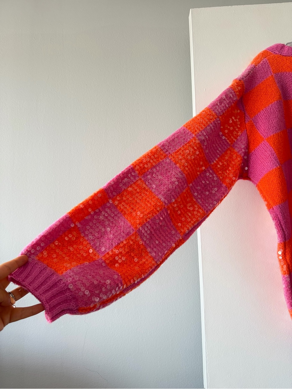 BiBi Pink Orange Checkered Sequin Oversized Cardigan Sweater Knit XL NWT Sparkle - Picture 6 of 10